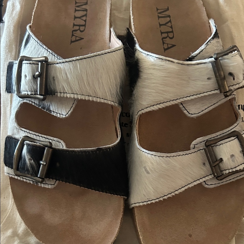Myra Two-Tone Haircalf Buckle Sandals in White and Black